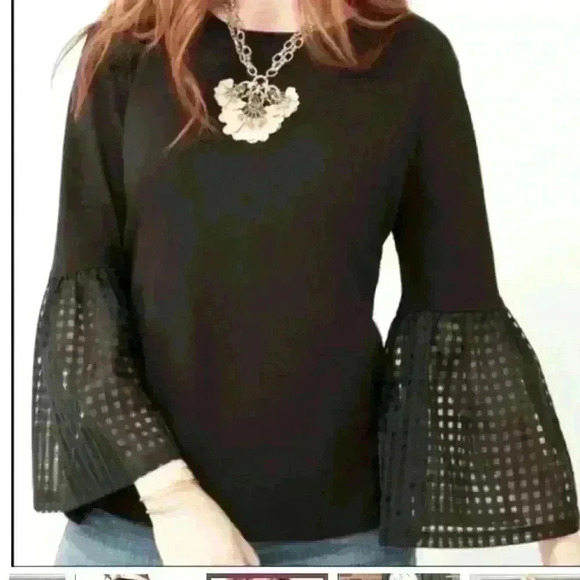 Stella & Dot black t shirt fitting with 3/4 length bell sleeves. Size Medium. - Picture 2 of 7